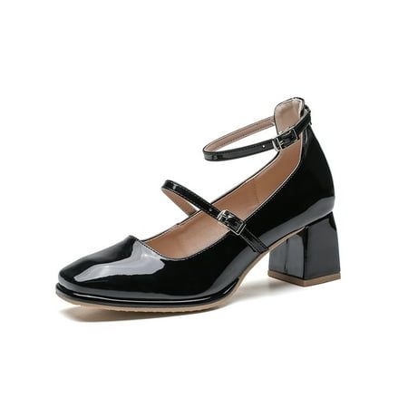 

Women‘s Ankle Strap Mary Jane Retro Solid Color Chunky Heel Shoes PU Leather Square Toe Shoes