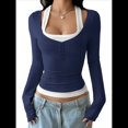 thumbnail image 3 of Camisetas Henley de Larga para Mujer, Blusa Básica Informal de Punto Acanalado con Botones y Corte Ajustado. Azul Marino S, 3 of 7