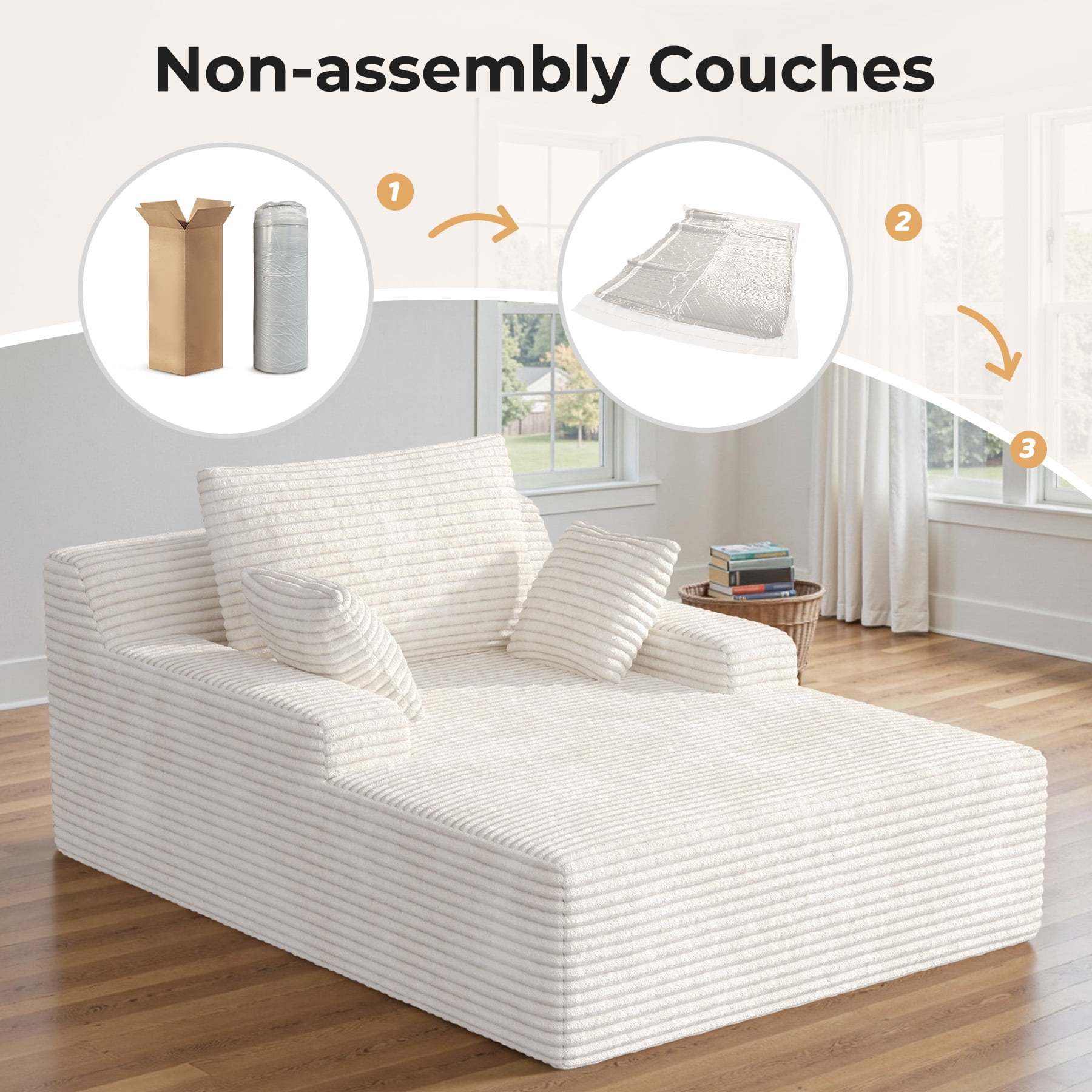 MOONMISS 68" Oversize Chaise Lounge Chair Indoor,Comfy Non-assembly Sofa Couches With 3 Pillows,Beige