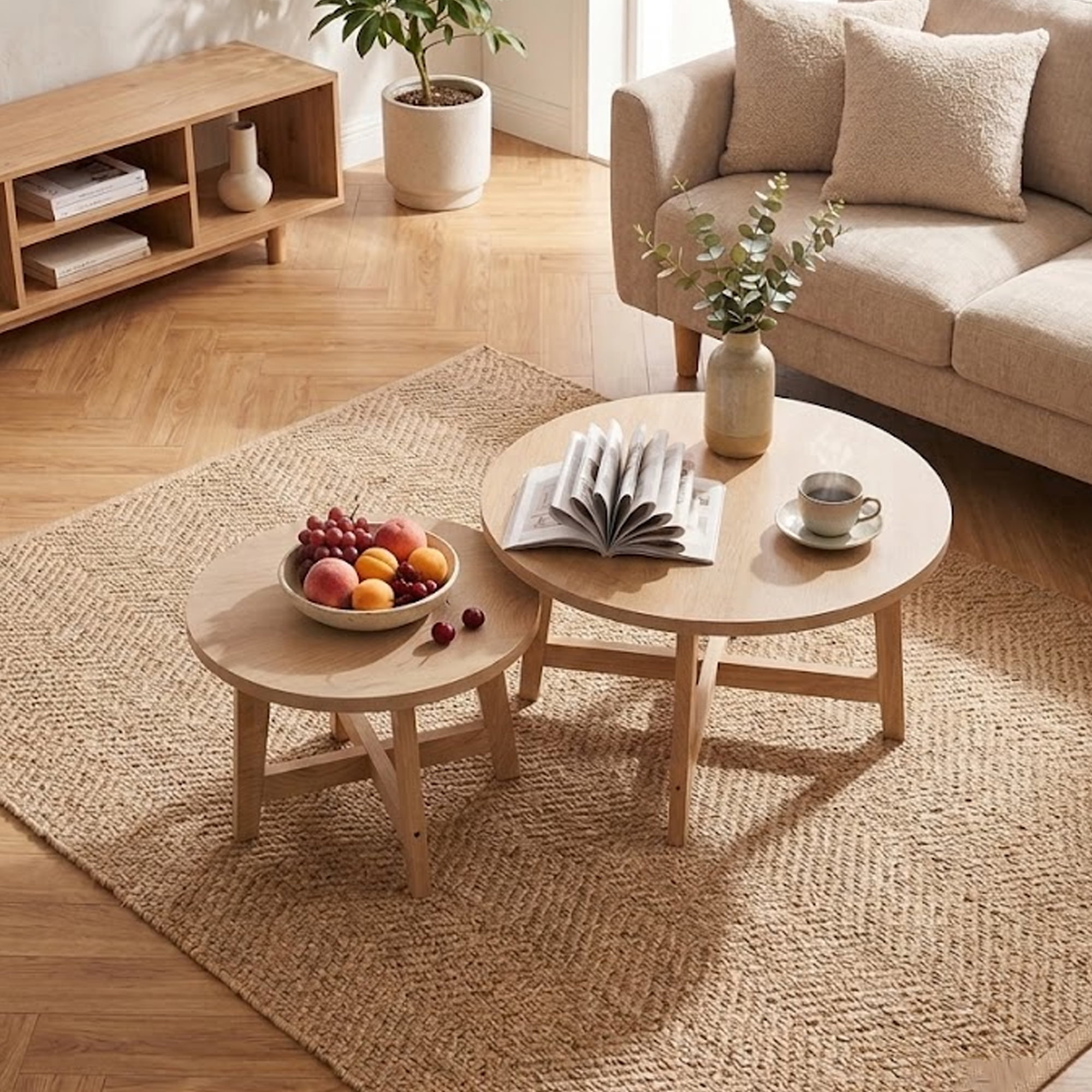 Leumius Nesting Coffee Tables Set of 2,Round Side Table Stackable End Tables,Wooden Accent Coffee Tables for Living Room Bedroom,Natural