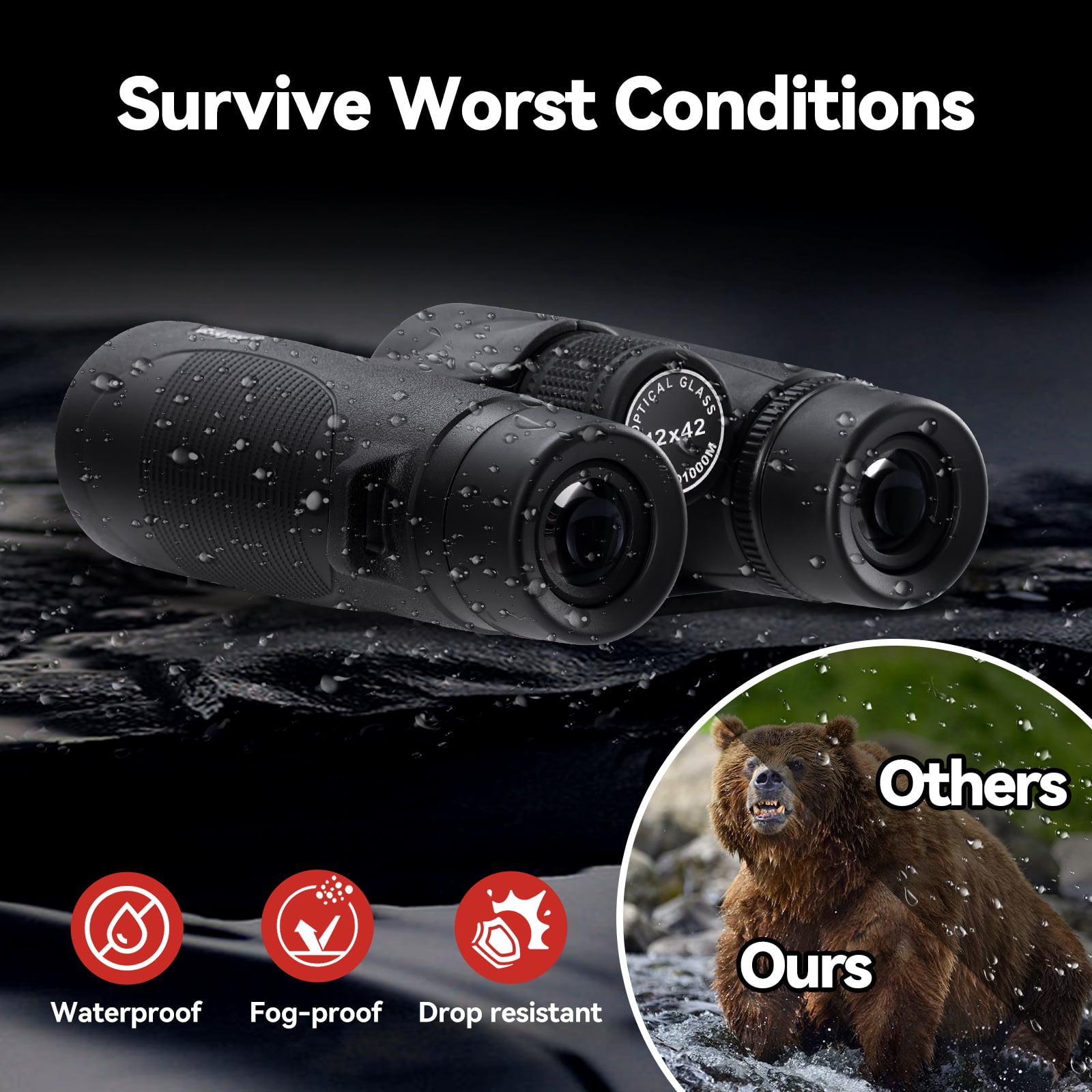 Gskyer 42mm Powerful Lightweight Waterproof Binoculars with Case and Phone Adapter, Black