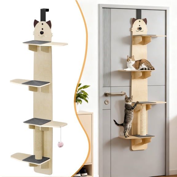 SUSUchens 4-Tiers Vertical Cat Tree over the Door, Cat Door Hanger,Door Hanging Cat Shelves,Over Door Cat Climber with Scratching Post, Pads, Tease Cat Ball,16.6" x 9.1" x 66.9
