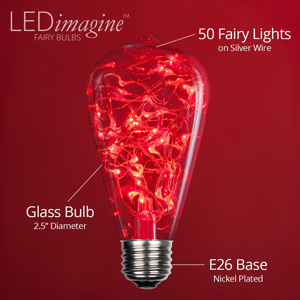 LEDimagine ST64 Fairy Light Bulb Fairy Lights, 50 Red LED Diodes Inside, Clear Glass Finish, E26 Base - image 2 of 4