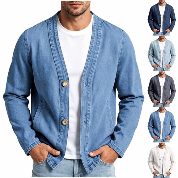 Purcolt Men's Denim Cardigan Jacket, Vintage V Neck Button Up Long Sleeve Jean Coat with Pockets for Spring Fall Casual Wear for Daily Wear