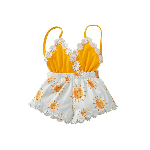 Fortune Baby Girl Jumpsuit Sun Printed V-neck Backless Romper,0-4 Years