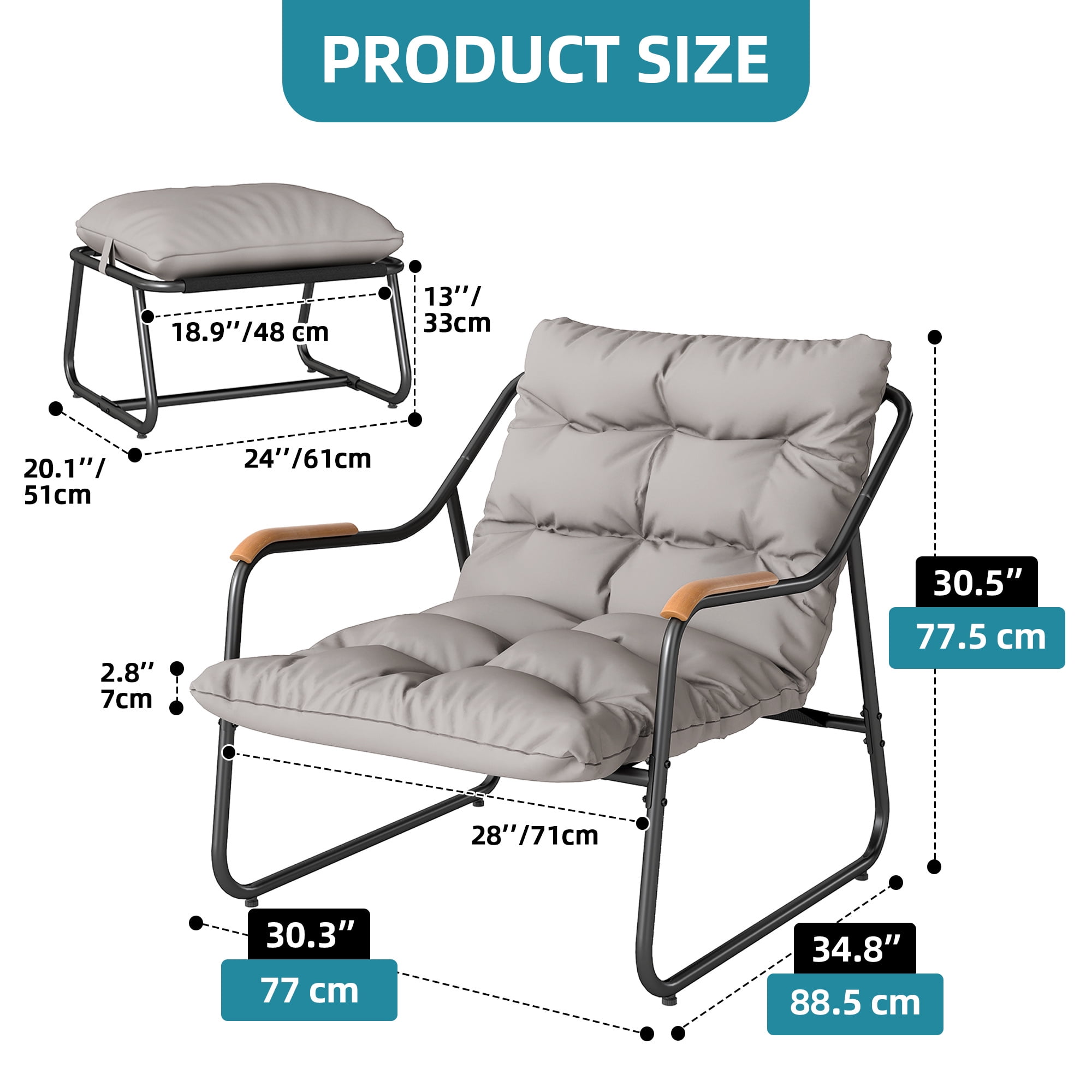Uforic Outdoor Papasan Lounge Chair with Ottoman, Dark Gray Textilene Sling Recliner Set with Puffy Cushion, Indoor Outdoor Comfy Leisure Chair for Patio Balcony Backyard Garden
