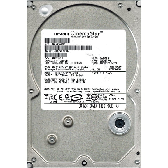 Hitachi HCS725025VLA380 P/N: 0A33517 MLC: BA2029 250GB