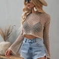 thumbnail image 3 of Defitshape Women's Long Sleeve Crochet Cover Up Shirt Short Knitwear Boat Neck Bell Sleeve See Through Fishnet Cutout Beach Summer Net Knit Crop Top Khaki Small, 3 of 4