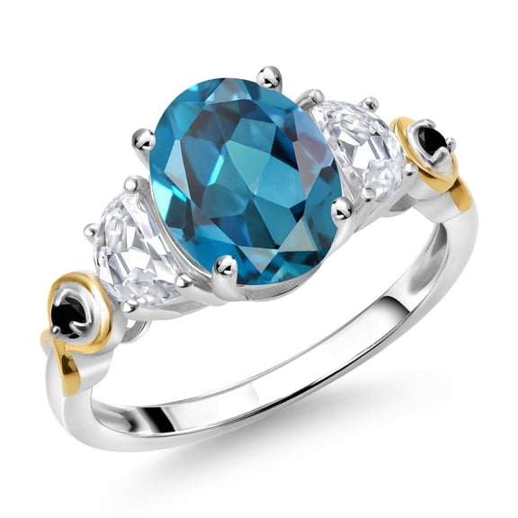 Gem Stone King 925 Silver and 10K Yellow Gold 3-Stone Ring Oval London Blue Topaz and Moissanite (2.76 Cttw, Size 5)