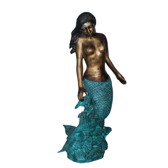 Nude Art Bronze Mermaid Fountain with Fish and Patina Finish 23" x 14" x 39"H