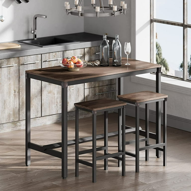 HOMOOI 3 Piece Bar Table Sets for 2 Wood High Top Bar Table and 2 Stools Set with Riveted Metal Corner D cor and Ergonomic Footrests for Pub Bar
