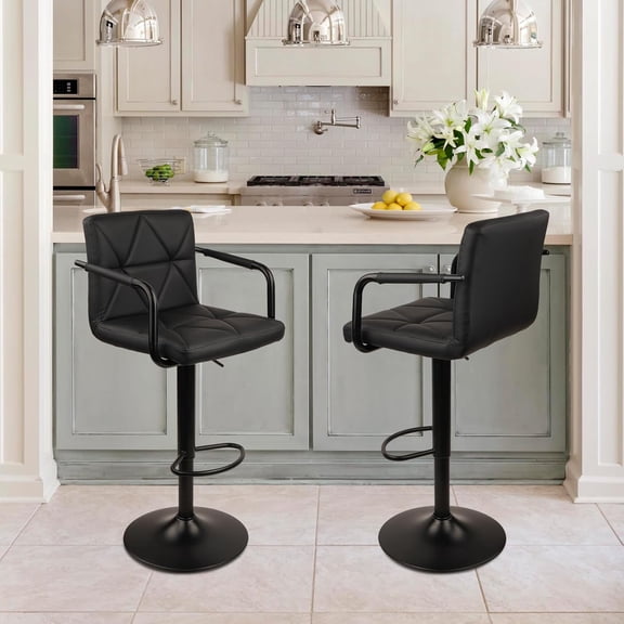 Counter Height Bar Stool with Armrest and Footrest, Adjustable PU Leather Swivel Chair for Kitchen Island Home Bar