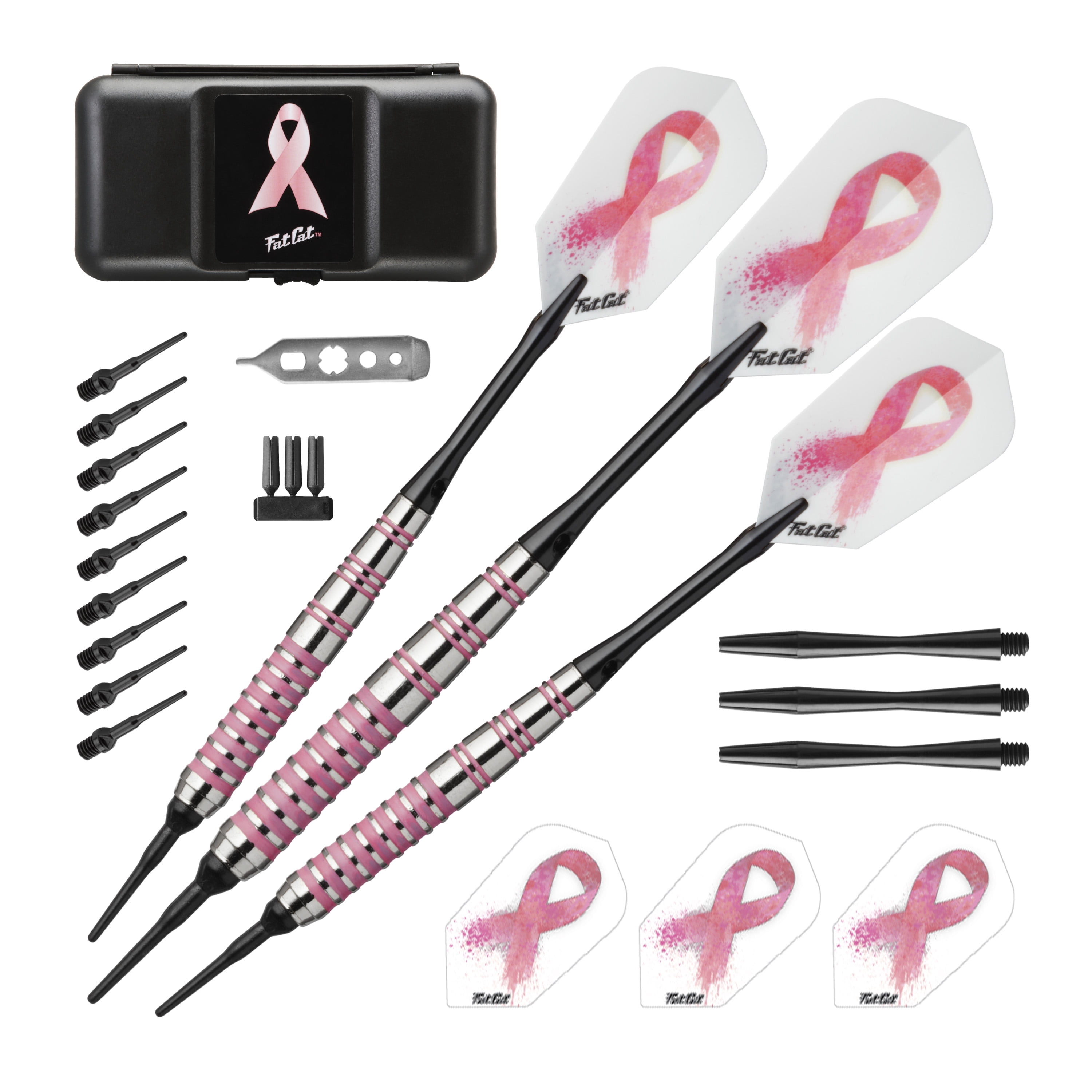 Fat Cat Pink Lady Soft Tip Darts 16 Grams, Casemaster Q-Vault Supreme Pink Cue Case, and Viper Pink Lady Cue