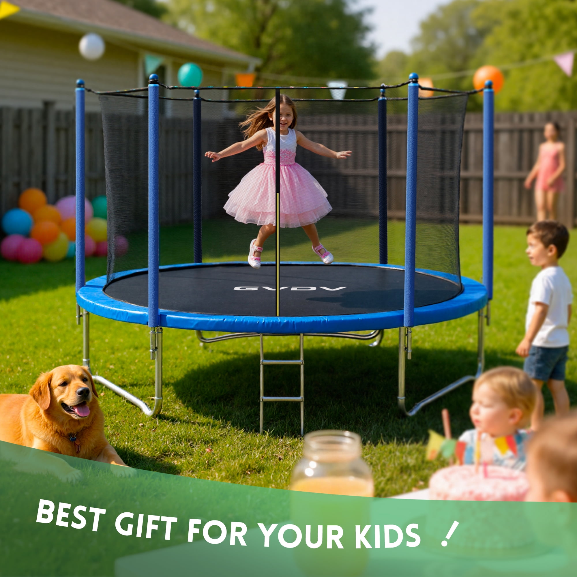 GVDV Outdoor Trampoline, 8' Backyard Recreational Trampoline with Enclosure for Kids & Adults