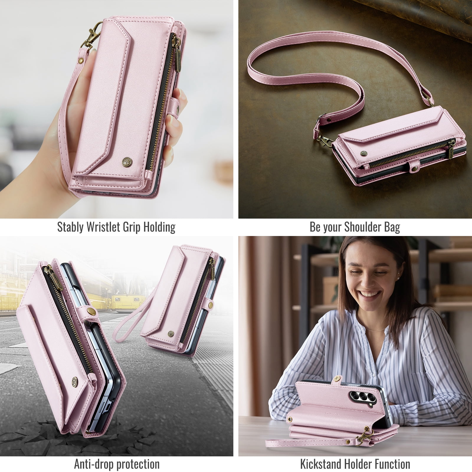 Asuwish Compatible with Samsung Galaxy Z Fold 7 5G 2025 Zipper Wallet Phone Case With pen slot Crossbody Lanyard Strap Flip Card Holder Slot Cell Cover for ZFold7 Z7 G Fold7 7Z Women Girls Rose Gold