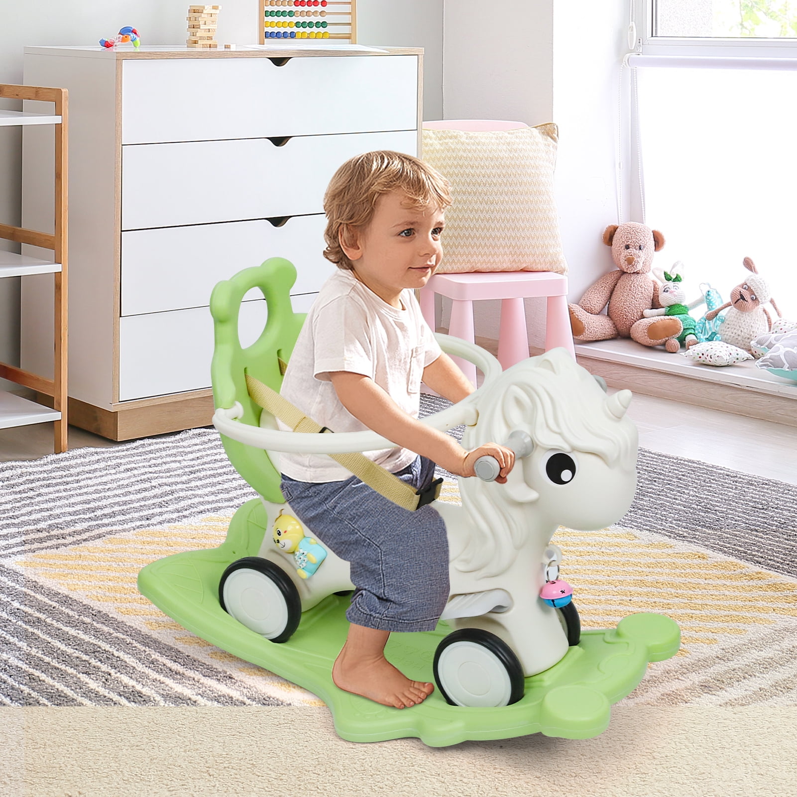 Wdmiya 4 in 1 Rocking Horse for Toddlers 1-3 Years Old, Baby Unicorn Rocking Toy Birthday Gift for Boy and Girl, Ride on Toy with Detachable Balance Board，Balance Bike with Push Handle, Green