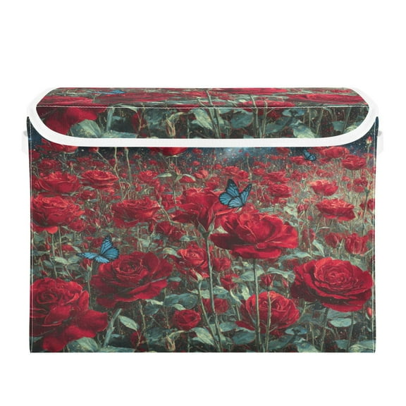 WOBOGO Red Roses Large Collapsible Storage Box Flip Lid Fabric Decorative Organizer Container Basket with Handles 16.5×12.6×11.8in