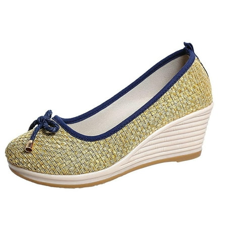 

Pyhlmscde Women s Pumps Round Toe Ballet Wedge Shoes Comfortable Woven Breathable Bow Decorative Loafer Low Heel Dress Slip on Foot Wear