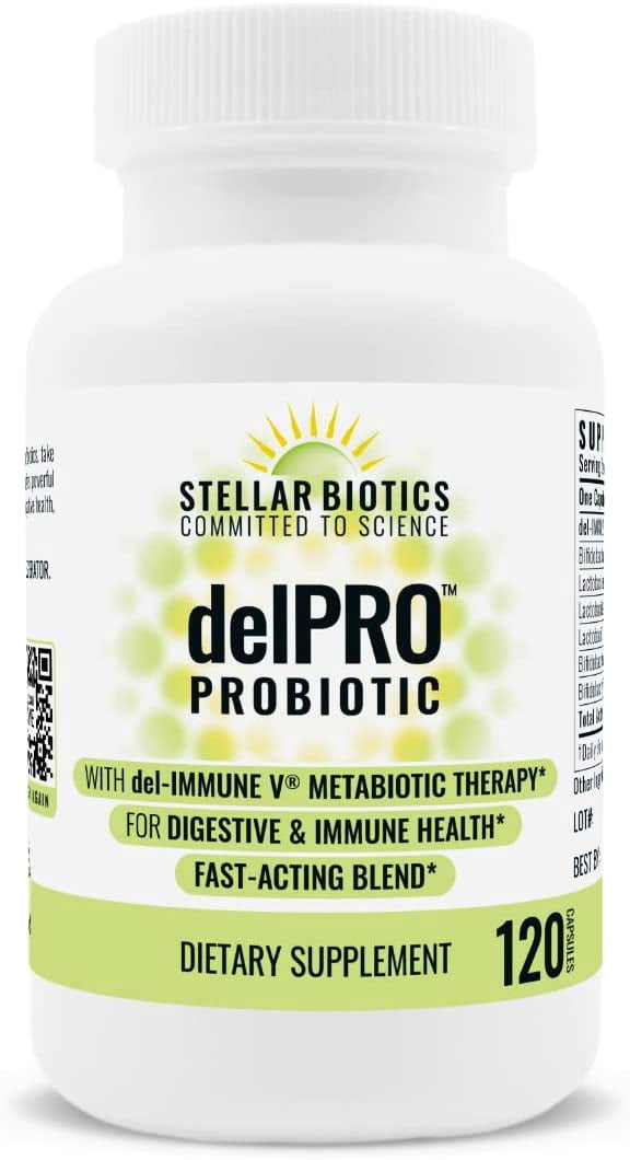 Stellar Biotics - delPRO™ PROBIOTIC (Enhanced with del-IMMUNE V®) - Powerful Probiotic & Prebiotic Blend - Promotes Optimal Gut Health & Digestion - Balances Immune System & Mood (120 Capsules)