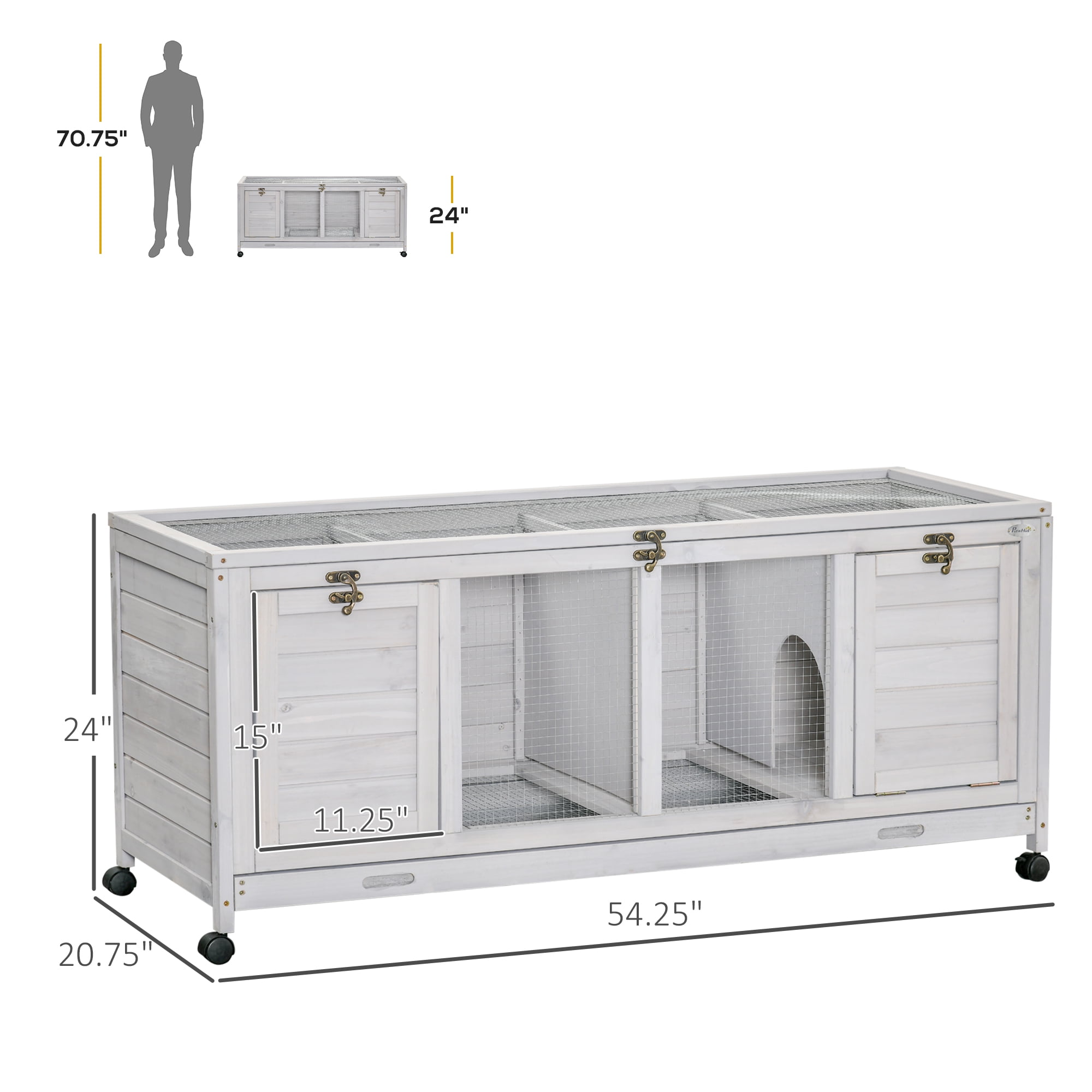 Pet Playpen PawHut Wooden Rabbit Hutch, Bunny Cage with Wheels, Dividers, Openable Roof, Removable Trays, Small Animal Cages for 1-2 Rabbits, Indoor Outdoor Use, Light Gray,Guinea Pig Cage