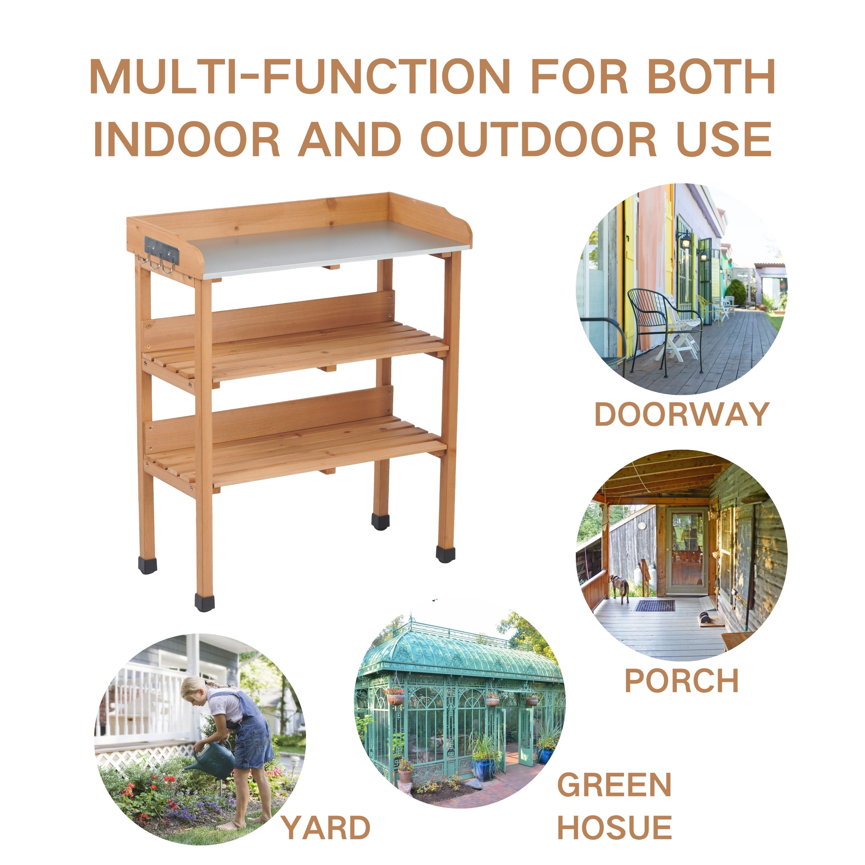 MAYEERTY 3-Tier Garden Potting Table, Outdoor Workstation with Metal Tabletop, Built-In Hooks for Patio, Garage, Workshop