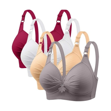 GERsome Pack of 4 Assorted Color Comfortable Full Coverage Bra for Women Wireless Bras with Soft Support Plus Size Everyday Bras 4PC#Beige/Gray/Wine/White M
