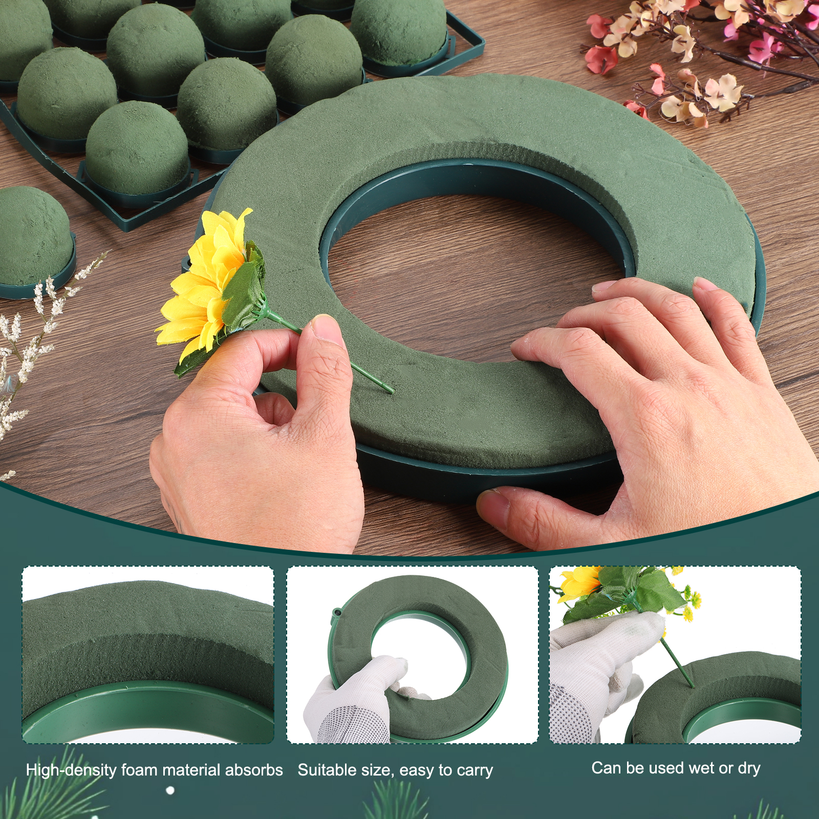 Foam Mud Block Ring Flower Foam Ring with Suction Cup 30CM Green Car Flower Mud for Holiday Decoration Wedding Car Decor