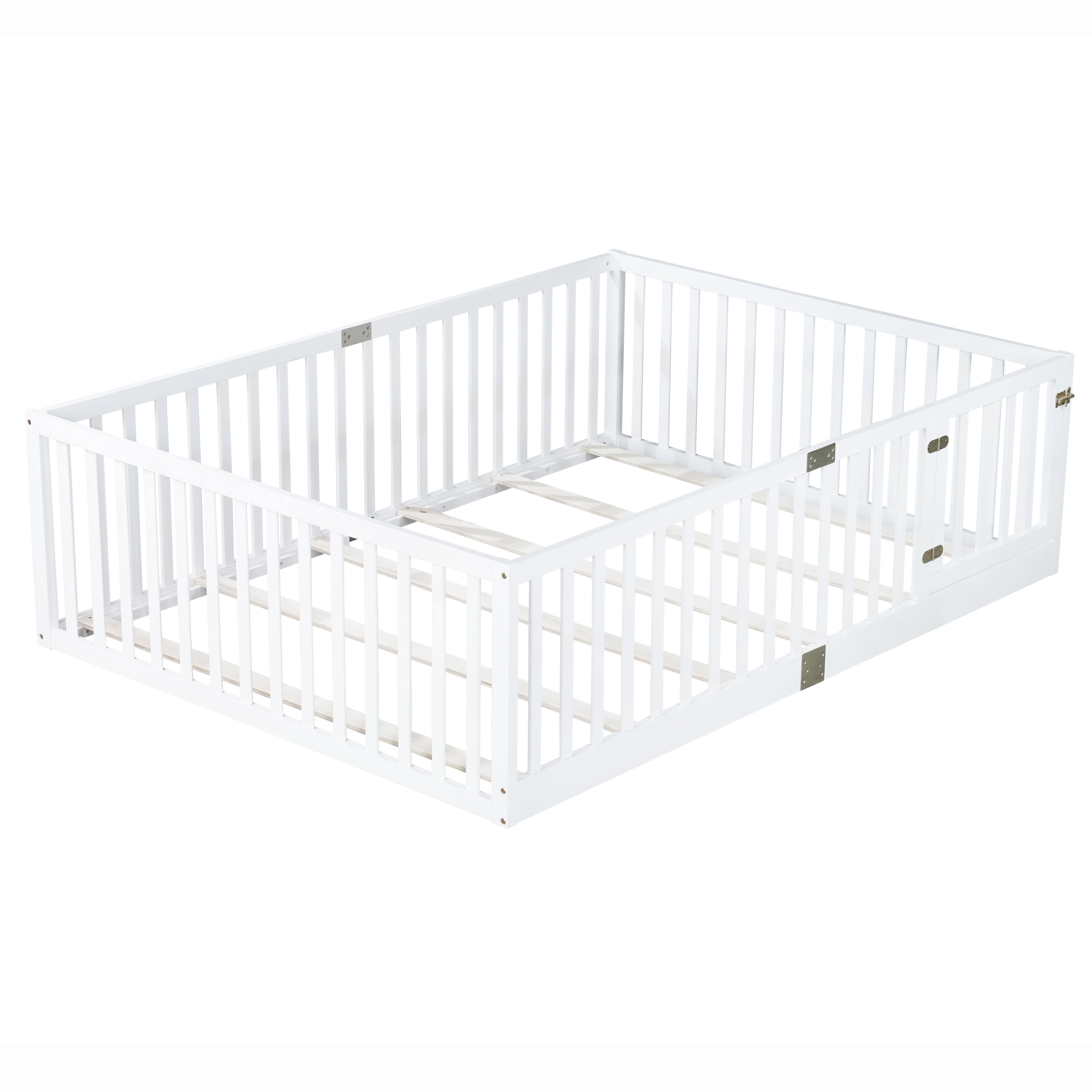 Holaki Wood Full Size Floor Bed with High Fence Railings for Kids, White