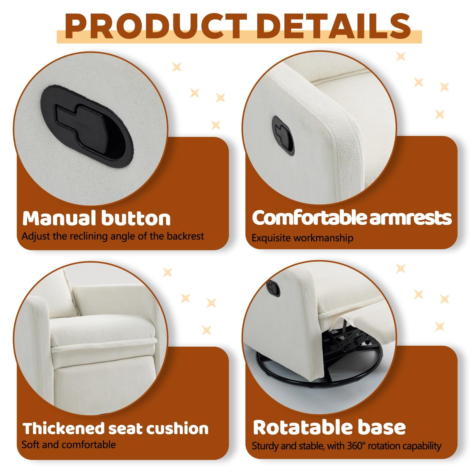 Lovableguy Modern Swivel Recliner Chair,Velvet Manual Button Nursery Glider Reclining Chair with Footrest,Comfy Upholstered Rocking Chair Living Room,Bedroom,White