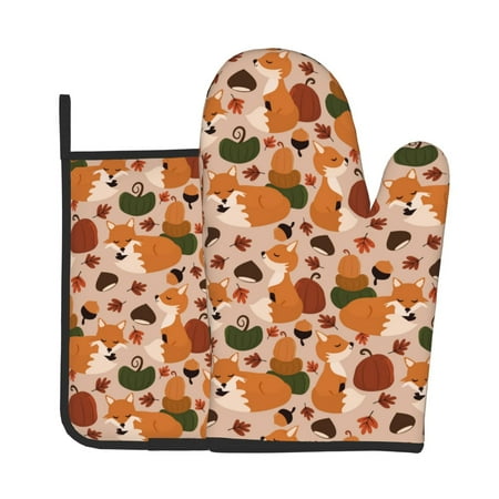 

Zeuib Autumn Fox Pumpkin Lazy Print Oven Mitt & Pot Holder Set 2-Pack Kitchen Gloves and Hot Pads for Cooking BBQ Grilling Baking