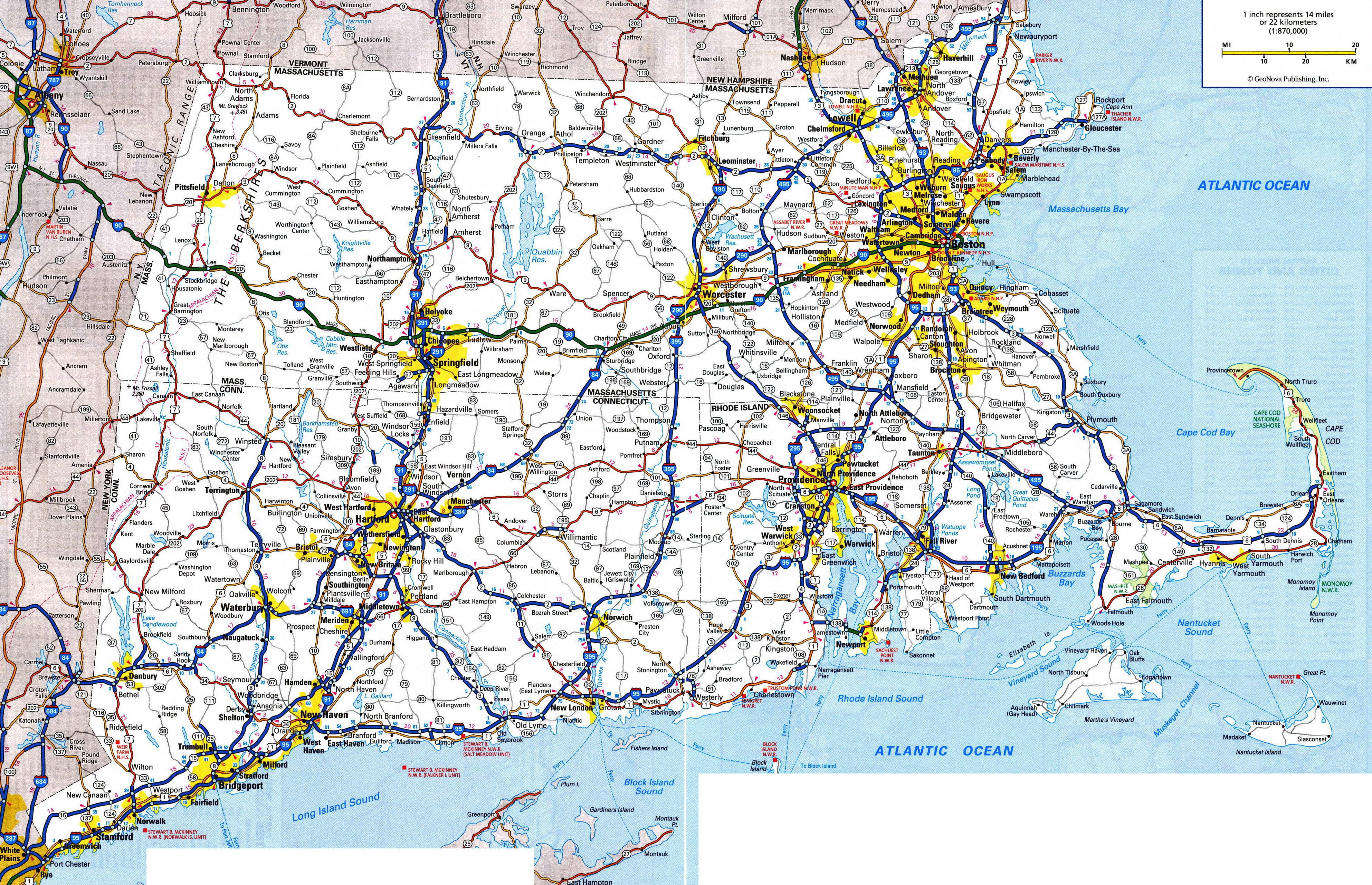 Laminated Map - Large detailed roads and highways map of Massachusetts