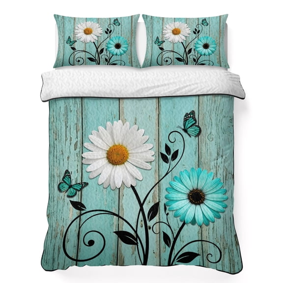 Quilts Twin XL Size Bedding Set, Turquoise Daisy Farmhouse Lightweight Quilted Comforter, Country Teal Floral Soft Reversible Bedspread Coverlet with Pillow Covers for All Season, 68" x 98"