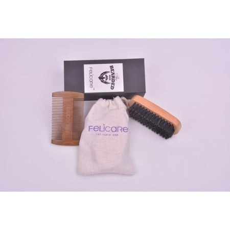 Felicare Beard Brush and Sandalwood Comb Set for Men - Best brush and Comb Set for Home and Travel - Great for Dry or Wet Beards  - Cotton Gift