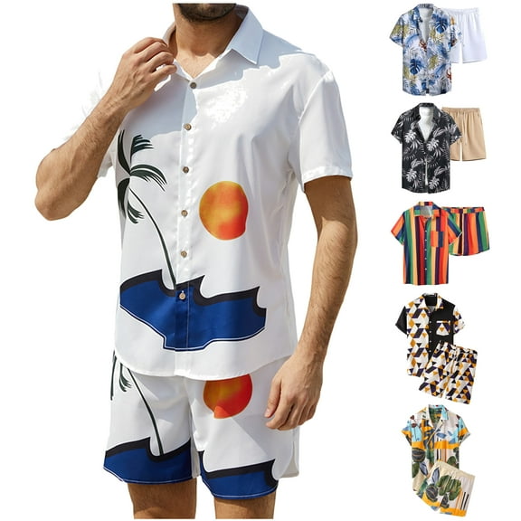 VBTAPA Men's Hawaiian Matching Set Summer Beach Outfits 2 Piece Flower Tropical Short Sleeve Button Down Shirts and Shorts Suits Blue L