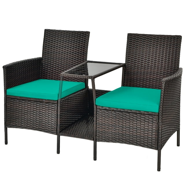 Patiojoy Patio Loveseat 2 Person Cushioned Seats With Center Table Outdoor Rattan Furniture Set Turquoise