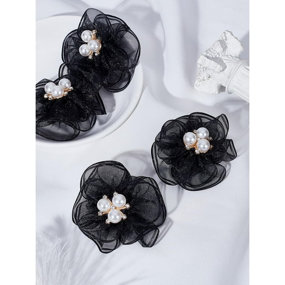 4Pcs Pearl Flowers Shoe Clips Exquisite Rhinestone Shoes Charms Lace Floral Shoe Accessory Fabric Detachable Pumps High Heel Flats Decorations Accessories Charms for Wedding Pointed Toe Pumps Black