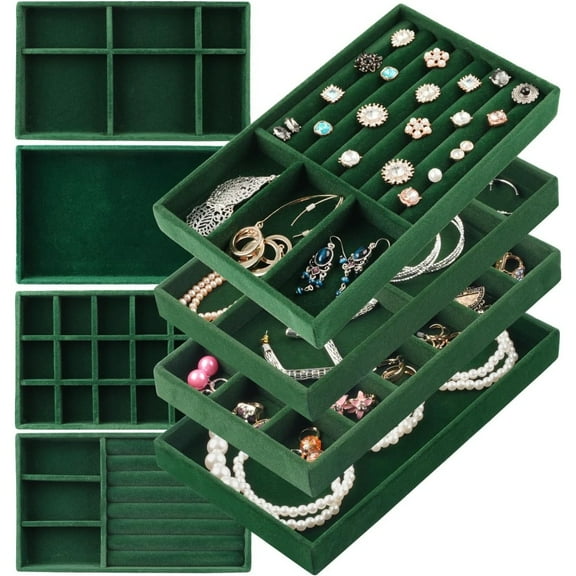 8-Piece Stackable Velvet Jewelry Organizer Tray Set, Customizable Drawer Inserts with Removable Dividers for Earrings, Rings, Necklaces - Elegant Storage for Vanity, Dresser, Closet (Green)