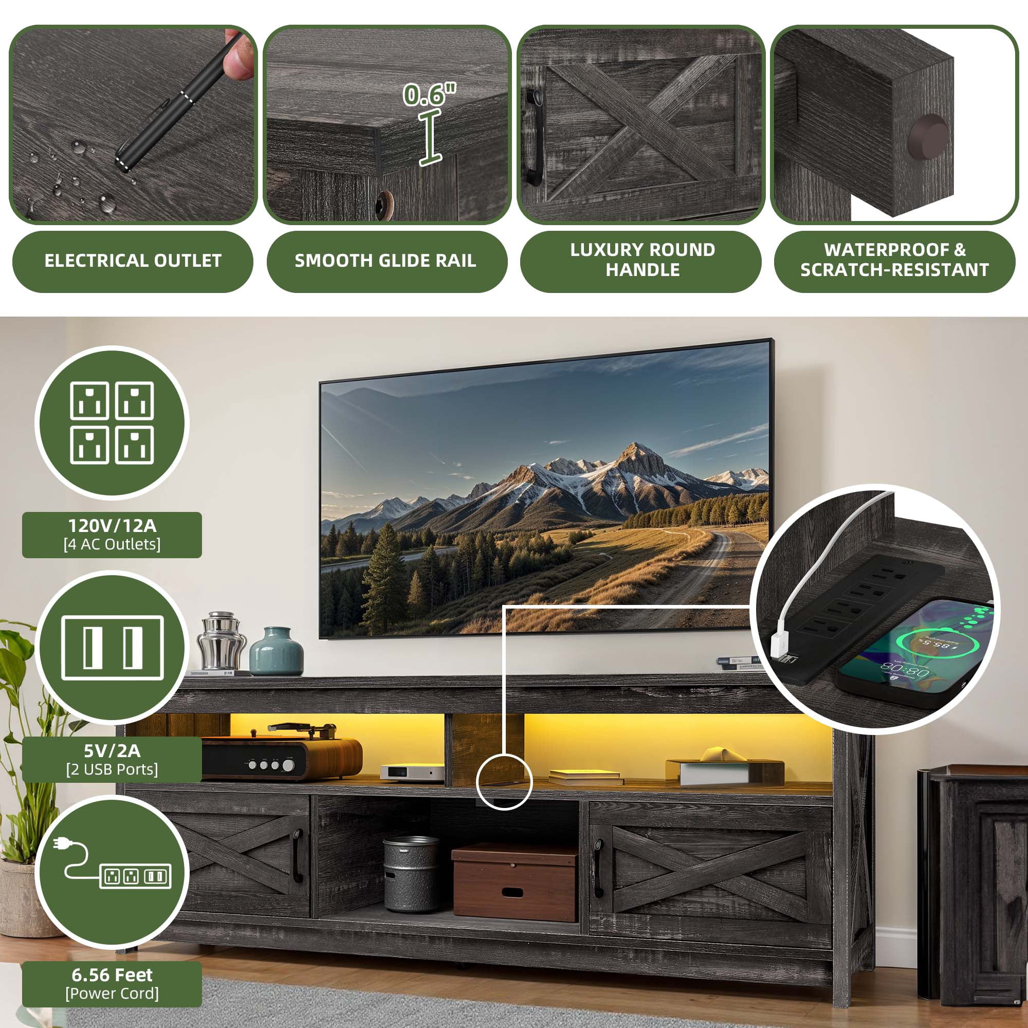Uforic 65 Inch Farmhouse TV Stand Fits 70/75 Inch Flat Screen TV with RGB Ambient Light, Cable Holes, Built-in Power Station & Multi Storage Space for Living Room, Dark Grey