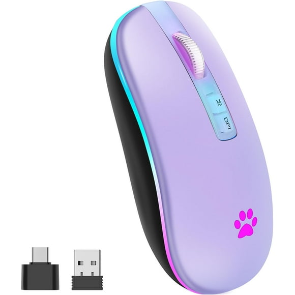 ERDS-Wireless Mouse, 2.4G Rechargeable Wireless Mouse, Backlit LED Portable Slim Computer Mouse for Laptop, PC, Computer, MacBook, iPad, Chromebook, Notebook (Light Purple)