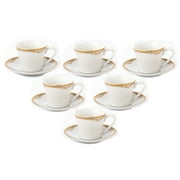 Elegant Durable and Colorful Porcelain Espresso Cup and Saucer Set - Gold, Set of 6, 2 oz.