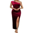 thumbnail image 1 of Women Velvet Formal Dress Solid Color One Shoulder Split Evening Gown, 1 of 2