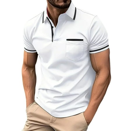 Mens T-shirts Male Spring Business Lapel T Shirt Bottoming Shirt Short Sleeve Patchwork Top Mens Short Sleeve Loose Casual Tee Long Scrub Tech Layer Long Sleeved Big Tees Men White 3XL