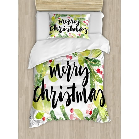 Christmas Twin - Christmas Twin Size Duvet Cover Set, Watercolor Painting Style Christmas Wreath and Hand Lettering Mistletoe, Decorative 2 Piece Bedding Set with 1 Pillow Sham, Black Green White, by Ambesonne