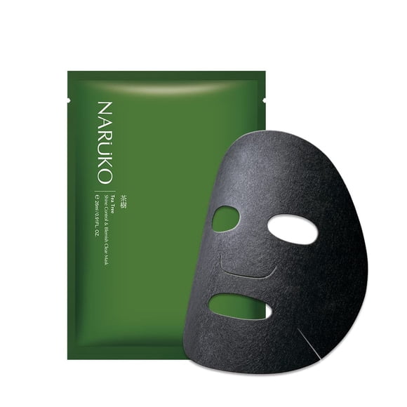 Naruko Tea Tree Shine Control and Blemishe Clear Charcoal Sheet Mask con ácido salicílico Witch Hazel Saw Palmetto Aceite de árbol de té Ácido hialurónico para piel propensa al acné calmante limpieza