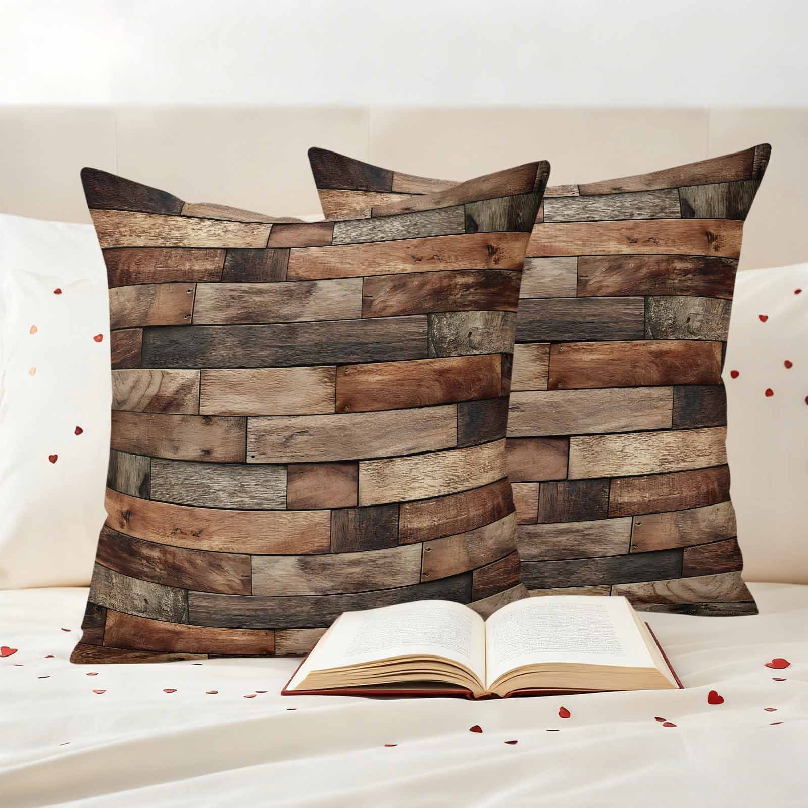 Brown Wood Grain Pillow Covers 2 Pack Farmhouse Vintage Wooden Board Patchwork Pillowcase Waterproof Outdoor Throw Pillow Cover for Patio Garden Square Cushion 18”x18”