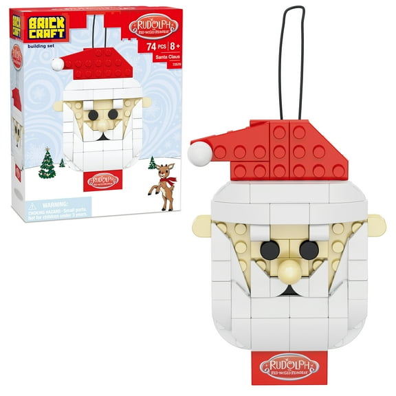 Brickcraft Rudolph the Red-Nosed Reindeer Santa Claus Ornament Building Kit, 74-Piece Hanging Christmas Decoration Collectible