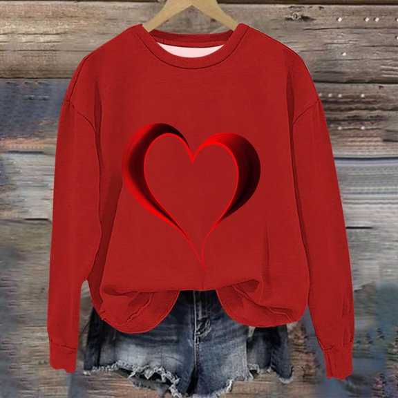 YUNAFFT Valentine's Day Print Sweatshirt for Women Fashion Casual Round Neck Long Sleeve Soft Fleece Daily Wear Tops