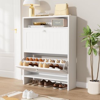 YBM Home Double Shoe Box With Hinged Lid – Stackable, Drop-Front Storage For Shoes & More – Frosty White