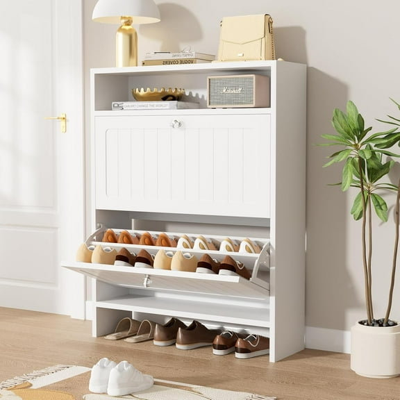 VOWNER Shoe Cabinet with 2 Flip Drawers, Freestanding Shoe Storage Organizer with Adjustable Shelves, Narrow Shoe Rack Cabinet for Entryway, Hallway, Living Room, White