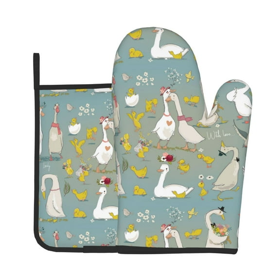 KLL Cute Farm Birds Pattern Oven Mitts and Pot Holders 2pcs Sets for Kitchen, Oven Mitt Heat Resistant 536°F, Oven Gloves for Kitchen,Cooking and Baking